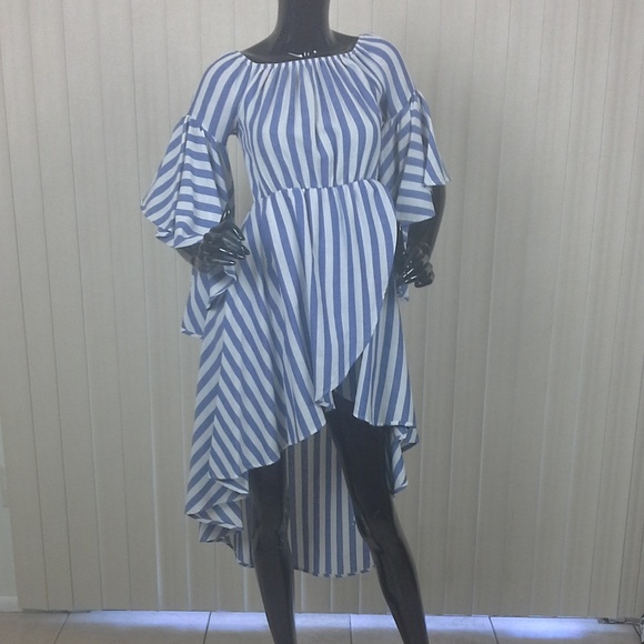 Off Shoulder, Striped, Ruffled Hi Lo Tango Dress - Picture 6 of 8
